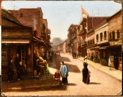 null Auguste BORGET (1808-1877), attribué à 
Occidentale dans les rues de Chine 
Huile...