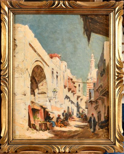 null Louis BÉROUD (1852-1930)
Le marché au Caire,1929 
Huile sur carton 
Signé, situé...