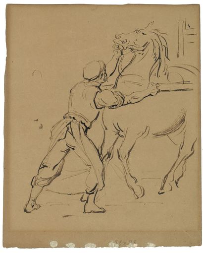  ATTRIBUÉ À THÉODORE GÉRICAULT (1791-1824)
Homme maîtrisant son cheval
Encre brune... Gazette Drouot