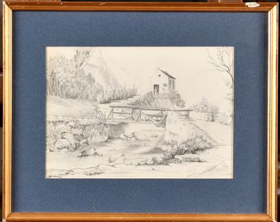 null Aurore DUPIN known as George SAND (1804-1876) 
Landscape with a bridge
Black...