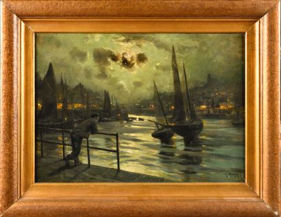 null Georges P. MARONIEZ (1865-1933)
Contemplation du port au clair de lune 
Huile...