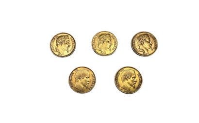 null FRANCE
5 pièces 20 francs or profil de Napoléon III (3 tête laurée, et 2 tête...