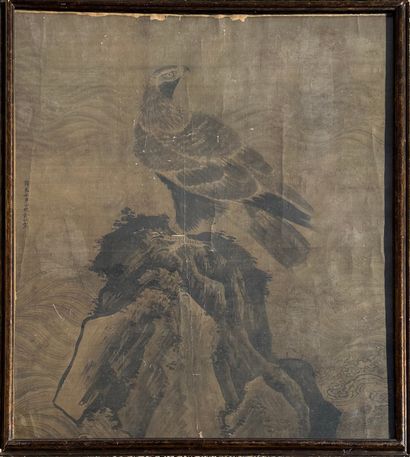 null CHINA
Ink painting on silk, representing a bird of prey on a rock, surrounded...