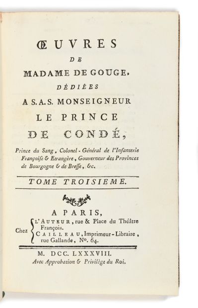 null BOUND WITH THE ARMS OF THE PRINCE OF CONDÉ. - GOUGES (Olympe de). Works. In...