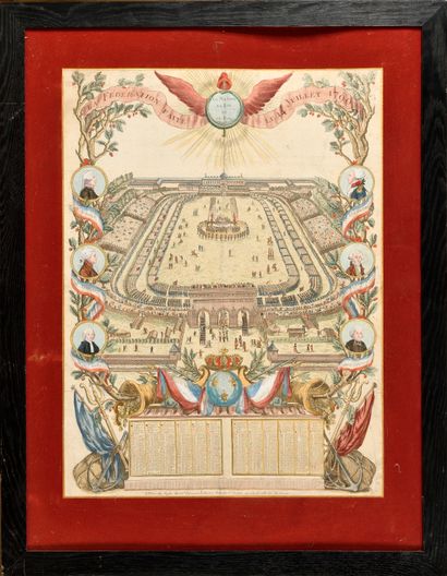 null "The Federation made on July 14, 1790
Large engraved and watercolored calendar,...