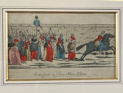 null "Avant-garde of women going to Versailles". 
Engraving in colors. 
16 x 27 cm....