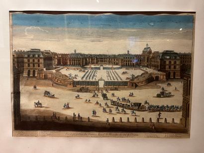 null Two engravings on the castle of Versailles:
-An engraving enhanced with watercolor,...