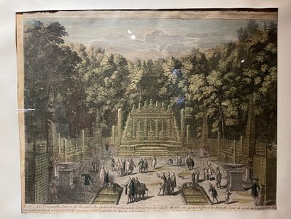 null Two engravings on the castle of Versailles:
-An engraving enhanced with watercolor,...