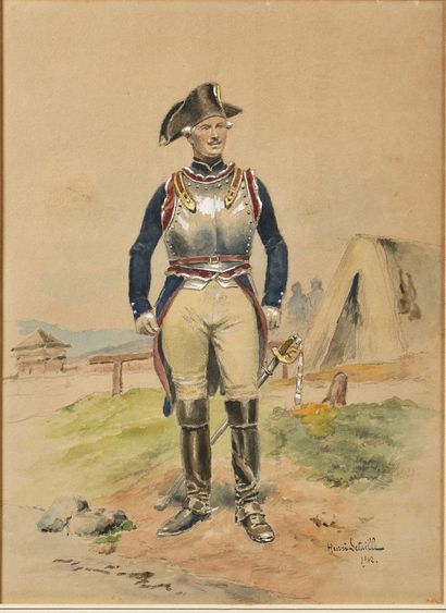 null HENRI DETAILLE (1861-1943)
"Cuirassier at the end of the 18th century. 
Watercolor...