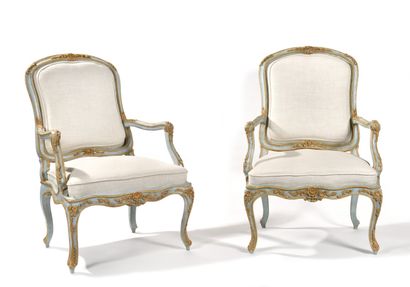 PAIR OF ARMCHAIRS
with blue and yellow relacquered...