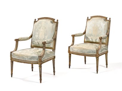 null SUITE OF FOUR ARMCHAIRS IN CREAM LACQUERED WOOD
and gold rechampi of the Louis...