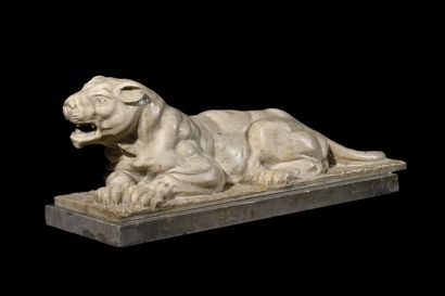 null FRENCH SCHOOL OF THE 19TH CENTURY.
Important pair of reclining panthers.
Garden...