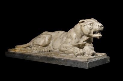 null FRENCH SCHOOL OF THE 19TH CENTURY.
Important pair of reclining panthers.
Garden...