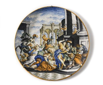 null URBINO,
pair of large round dishes in polychrome earthenware representing the...
