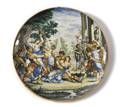 null URBINO,
pair of large round dishes in polychrome earthenware representing the...