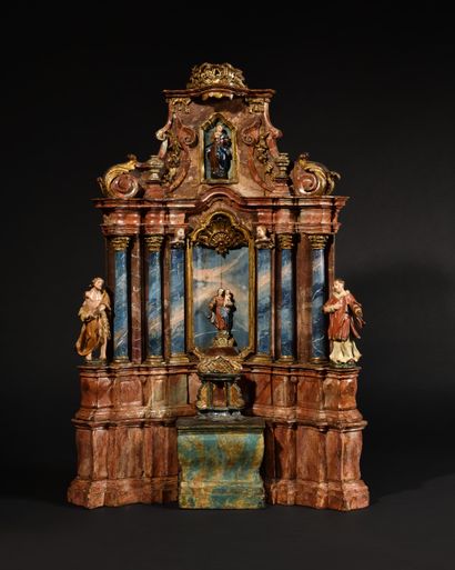 null SMALL RETABLE in carved wood with Ionic columns, saints and a polychrome and...