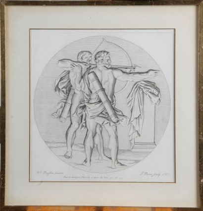null D’après Nicolas Poussin gravé par J. Pesne. "Chiron enseignant Hercule au tir...