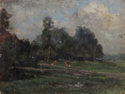 null ÉCOLE DE BARBIZON, Époque XIXe siècle.

« Paysage aux vaches »

Trois huiles...