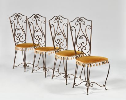 null 1950S WORK
Suite of eight wrought-iron chairs, cambered legs and slightly arched...