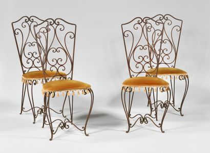 null 1950S WORK
Suite of eight wrought-iron chairs, cambered legs and slightly arched...