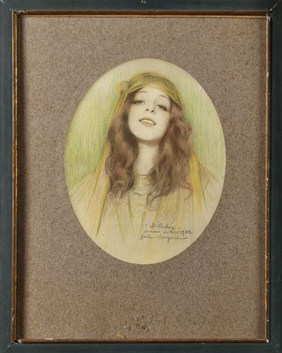 null Gustave BRISGAND (1867-1944)
Portrait de femme au voile jaune
Pastel, sanguine...