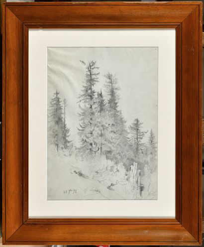 null Gabriel LOPPÉ (1825-1913) 
Etude de sapins dans les montagnes
Dessin au crayon...