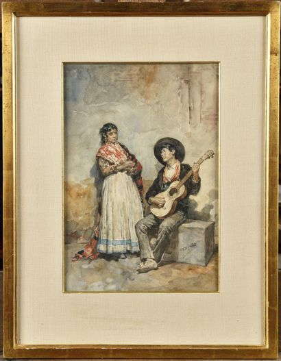null Manuel GARCIA HISPALETO (1836-1898)
Le couple de musiciens
Aquarelle 
Signé...