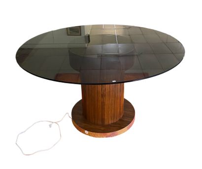 null circular dining room table, wooden legs, aluminum frame, round smoked glass...