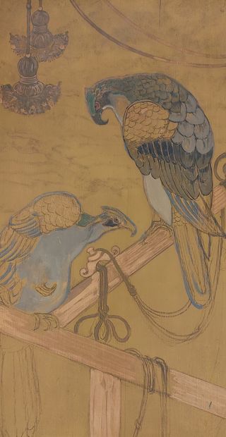 null DECORATIVE PANEL with painted decoration of two birds 

85 x 48 cm

(crack)