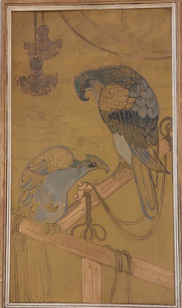 null DECORATIVE PANEL with painted decoration of two birds 

85 x 48 cm

(crack)