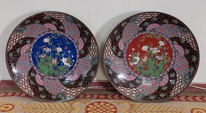 TWO LARGE PLATES in cloisonné enamel with...