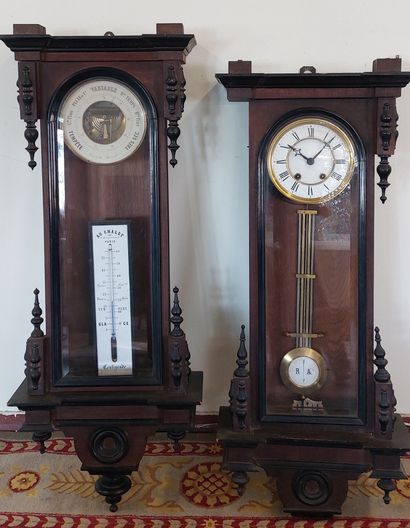 null BAROMETER-THERMOMETER and HANGER, mahogany veneer and blackened wood, beveled...