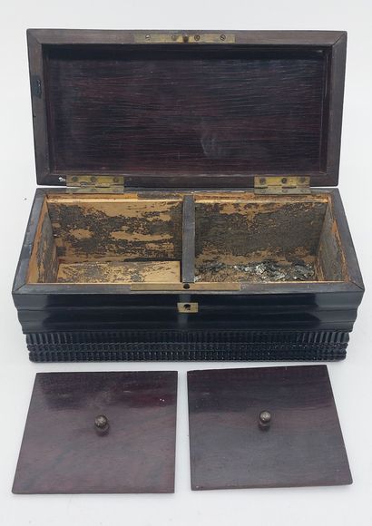 null TEA BOX in blackened wood, brass and mother of pearl inlays

Napoleon III period

H...