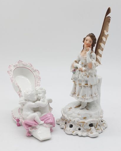 null STATUETTE en porcelaine formant encrier, H : 22 cm 

On y joint une bouquetière...