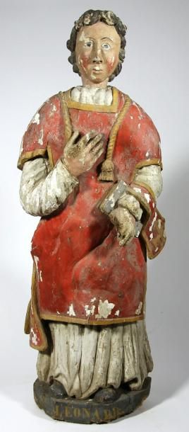null STATUE en bois sculpté polychrome représentant Saint-Léonard. Epoque XIXème...