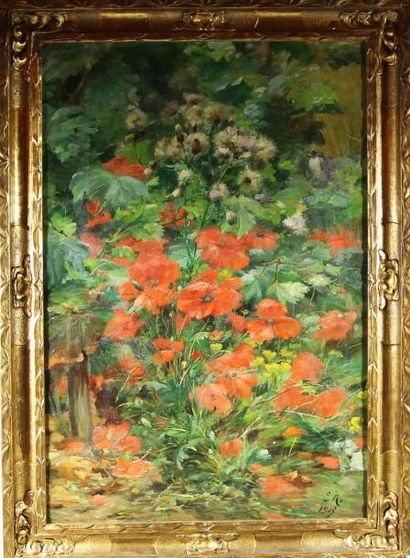 E.R? (XIXème - XXème) Bouquet de coquelicots Huile sur toile Signé et daté 1909 en...