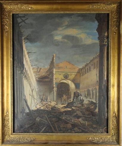 École ITALIENNE du XIXème Église italienne dévastée Huile sur toile Beau cadre à...