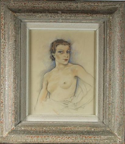 CHIMOT Edouard Jules (1880-1959) Portrait de jeune femme dénudée crayon et pastel...