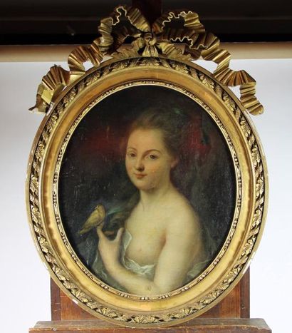 ECOLE FRANCAISE XVIIIème siècle (attribué à VALLIN) Femme à l'oiseau Huile sur toile...