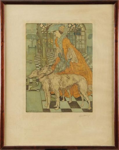 LÉon CAUVY (1874-1933) Femme et ses deux levriers Gravure en couleurs Signe et date...