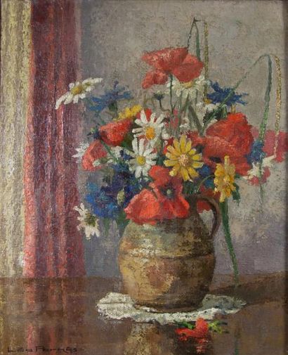 LÉo PERNES (c.1910-1960) Bouquet de fleurs Huile sur toile Signee en bas a gauche...