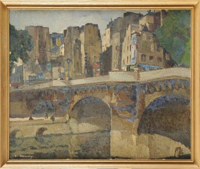 LÉon CAUVY (1874-1933) Le pont au change Huile sur carton Signe en bas a gauche 51,5...