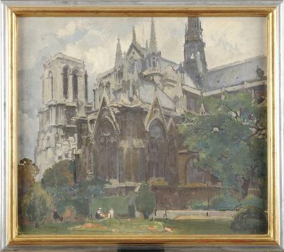 null Leon CAUVY (1874-1933) Vue de Notre Dame Huile sur carton Signe en bas a gauche...