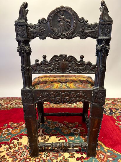 null SMALL CHAIR
in walnut stained and carved in low relief. Backrest with two bands,...