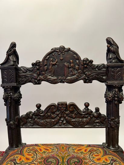 null SMALL CHAIR
in walnut stained and carved in low relief. Backrest with two bands,...