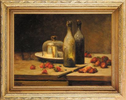 Léon Charles HUBER (Paris 1858 - 1928) Nature morte aux bouteilles et fraises Sur...