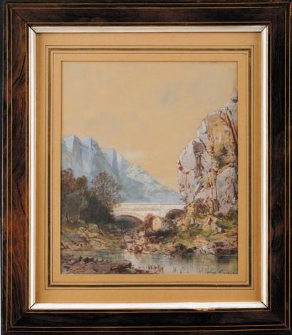Eugène DESHAYES (1828-1890) Viaduc en montagne Aquarelle et gouache Signé en bas...