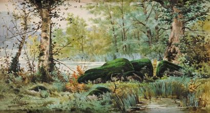 Auguste ALLONGÉ (1833-1898) Paysage de rochers en forêt Aquarelle Signé en bas à...