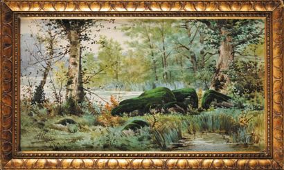 Auguste ALLONGÉ (1833-1898) Paysage de rochers en forêt Aquarelle Signé en bas à...