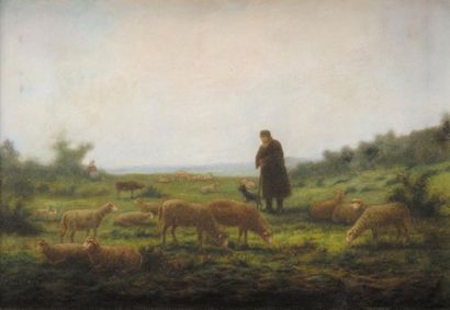 Jean-Ferdinand CHAIGNEAU (1830-1906) Berger et ses moutons Pastel Signé en bas à...